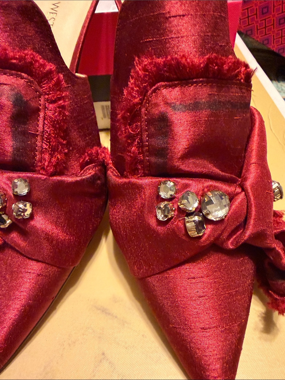 Nine West Burgundy Satin Pointed Toe Mule with Gem Accents - Picture 3 of 10
